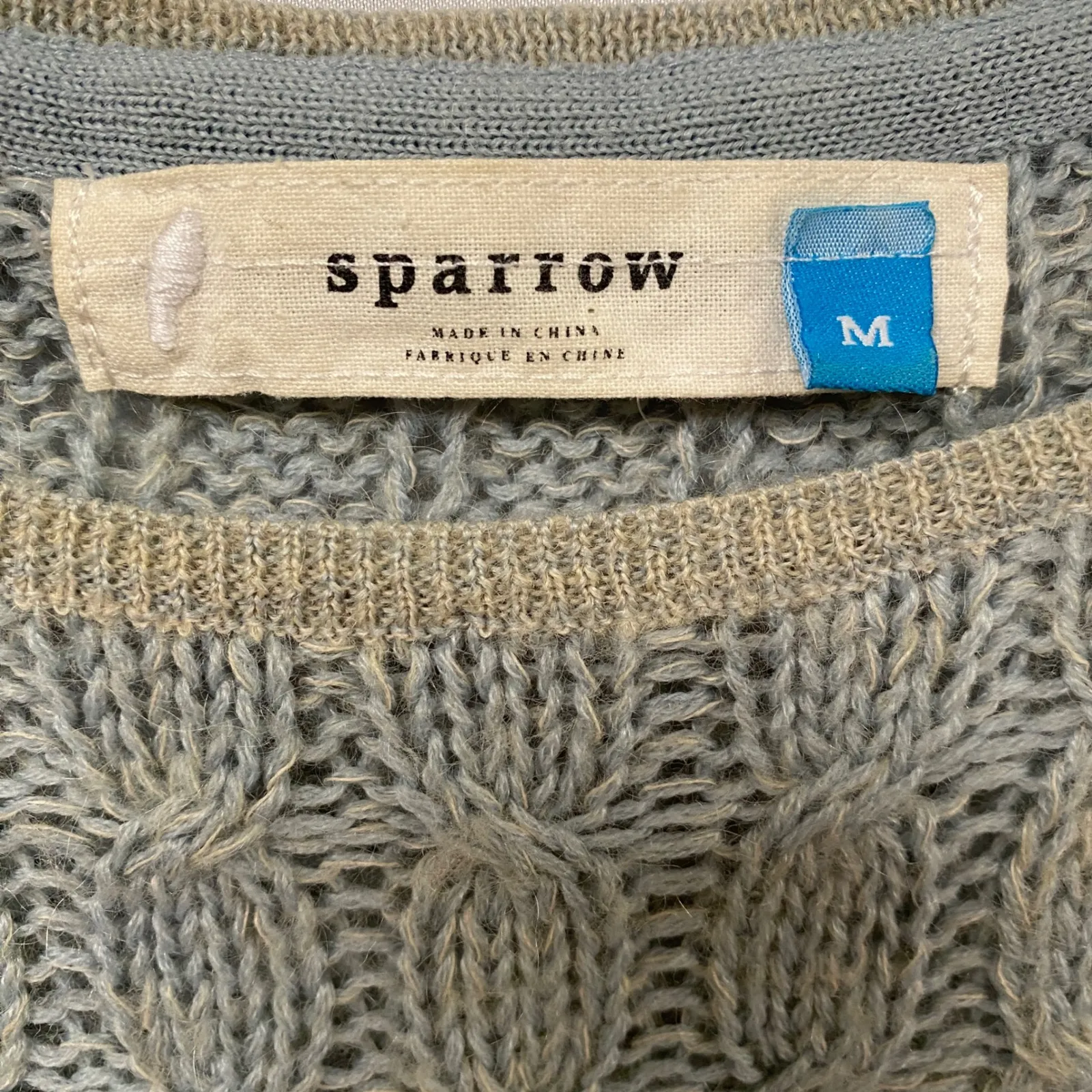 Sparrow Women's Medium Blue Tan Cable open Knit Wool Blend Pullover Sweater - Image 3