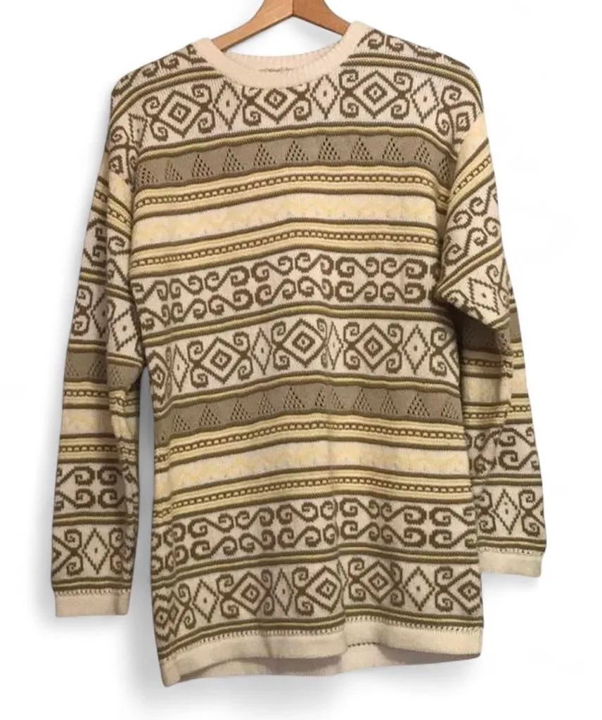 Women's L Eclectic Grandpa Cream Yellow Tan Striped Design Long Sleeve Sweater White Size L - Image 1