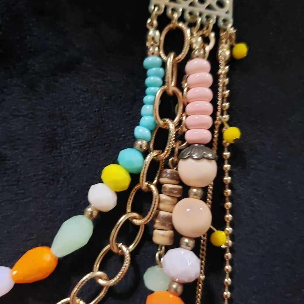 Plunder Multi Resin Layered Bead Gold Tone Boho Statement Necklace and Bracelet - Image 4
