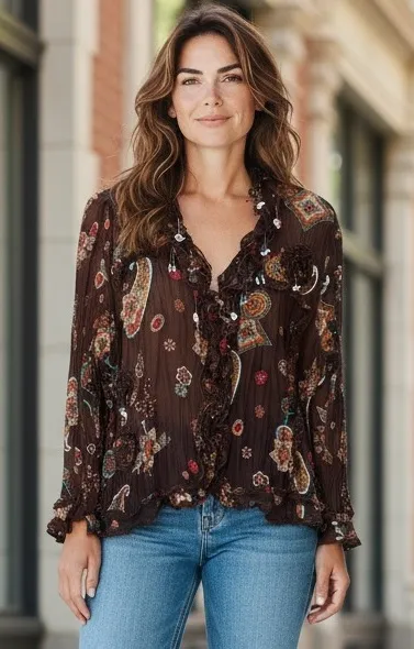 Essentials by Milano Womens Y2K Fairy Paisley Beaded Top Size XL Button Up Boho Brown - Image 2