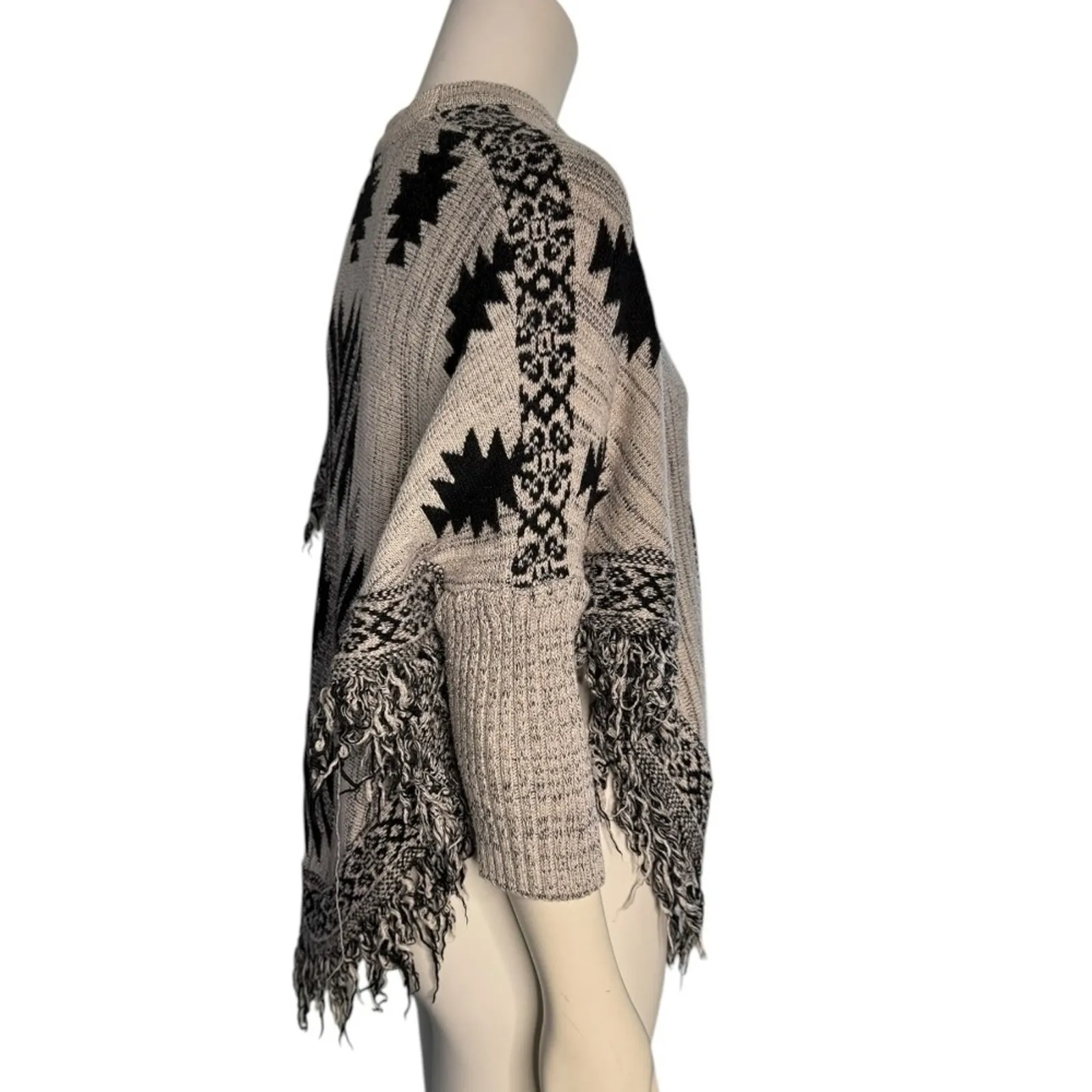 Crazy Train Black and Cream Aztec Print Fringe Poncho Sweater - Image 2