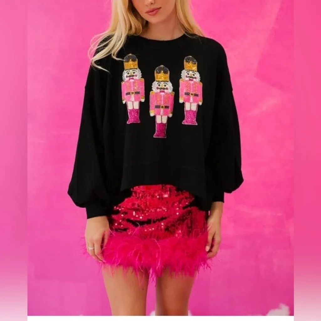 NEW Santa Christmas Sparkly Sequin Crewneck Long Sleeve Pullover Sweatshirt M Black Size M - Image 4