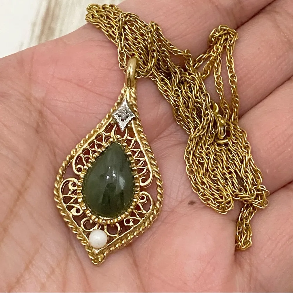 Vintage GF Filigree Jade Teardrop Diamond Necklace - Image 3