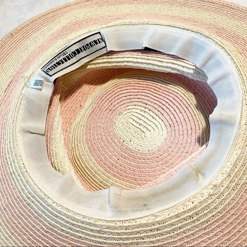 Vintage Wide Brim Floppy Straw Sun Hat Natural Tan & Pink - Image 6