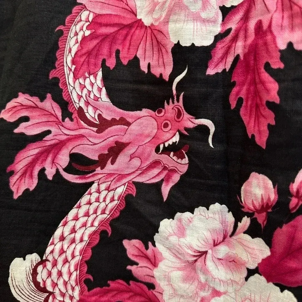 SILKLAND Asian Inspired Linen Black Pink Floral Dragon Skirt Beaded Size 8 Med - Image 4