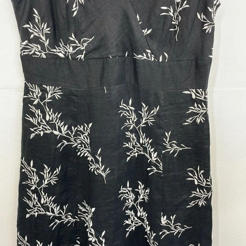 Peter Nygard Womens Fit &Flare Dress Black Floral Tie Waist V Neck Linen Medium - Image 4