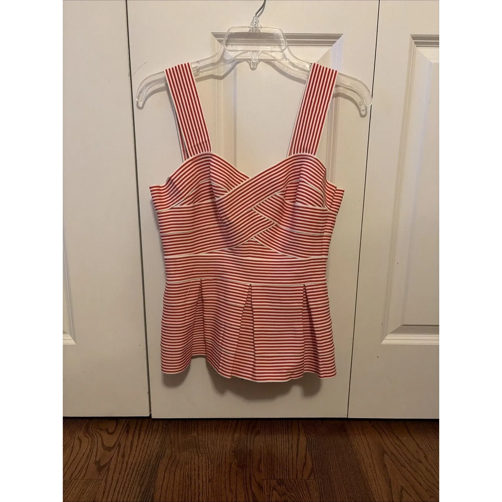 HD In Paris Anthropologie Cabana Peplum Bandage Top Red White Stripe Size Medium - Image 2