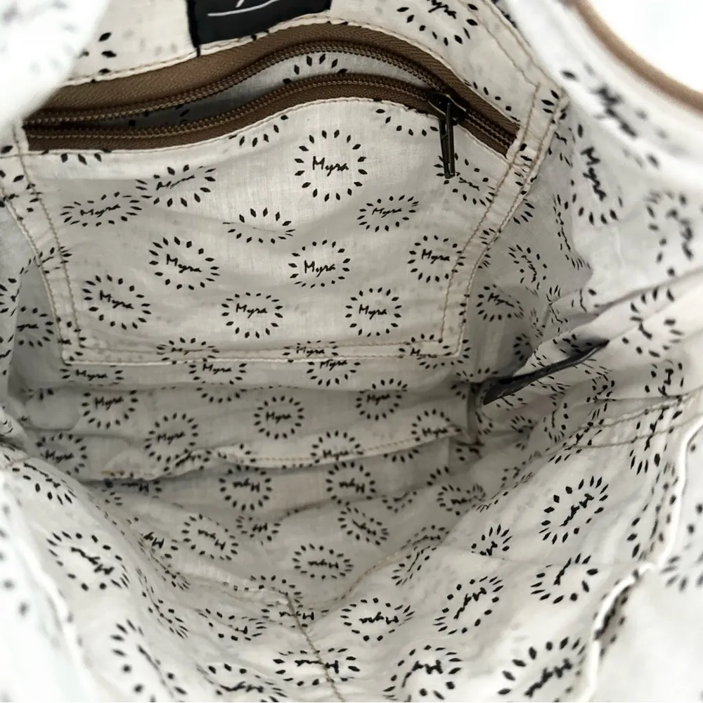 Myra Junoesque Brown Taupe Cream Mixed Media Stitched Crossbody Messenger Bag - Image 11