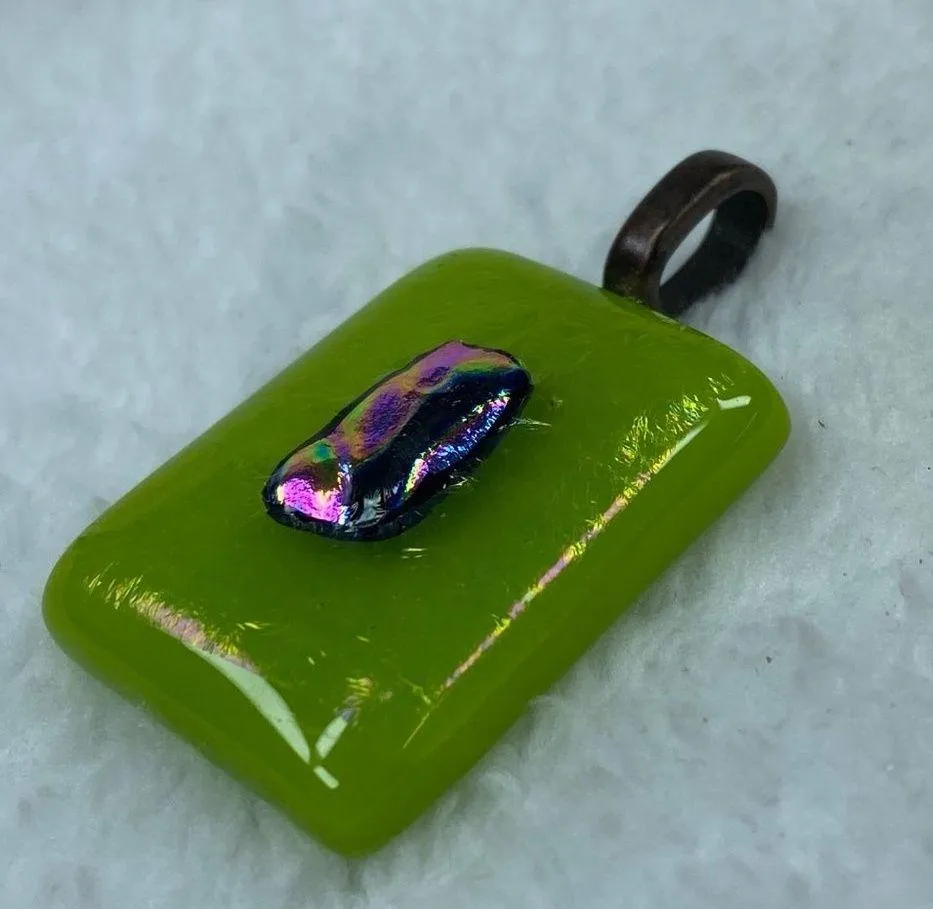 Art Glass Rectangle Shape Green Shade Pendant for Necklace Iridescent Center - Image 4