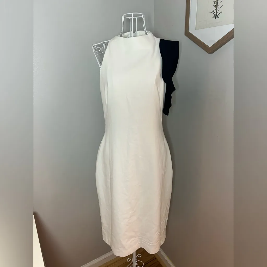 Black Halo Pabla Color Block Mock Neck White Sheath Dress Black Ruffle Size 8 - Image 4