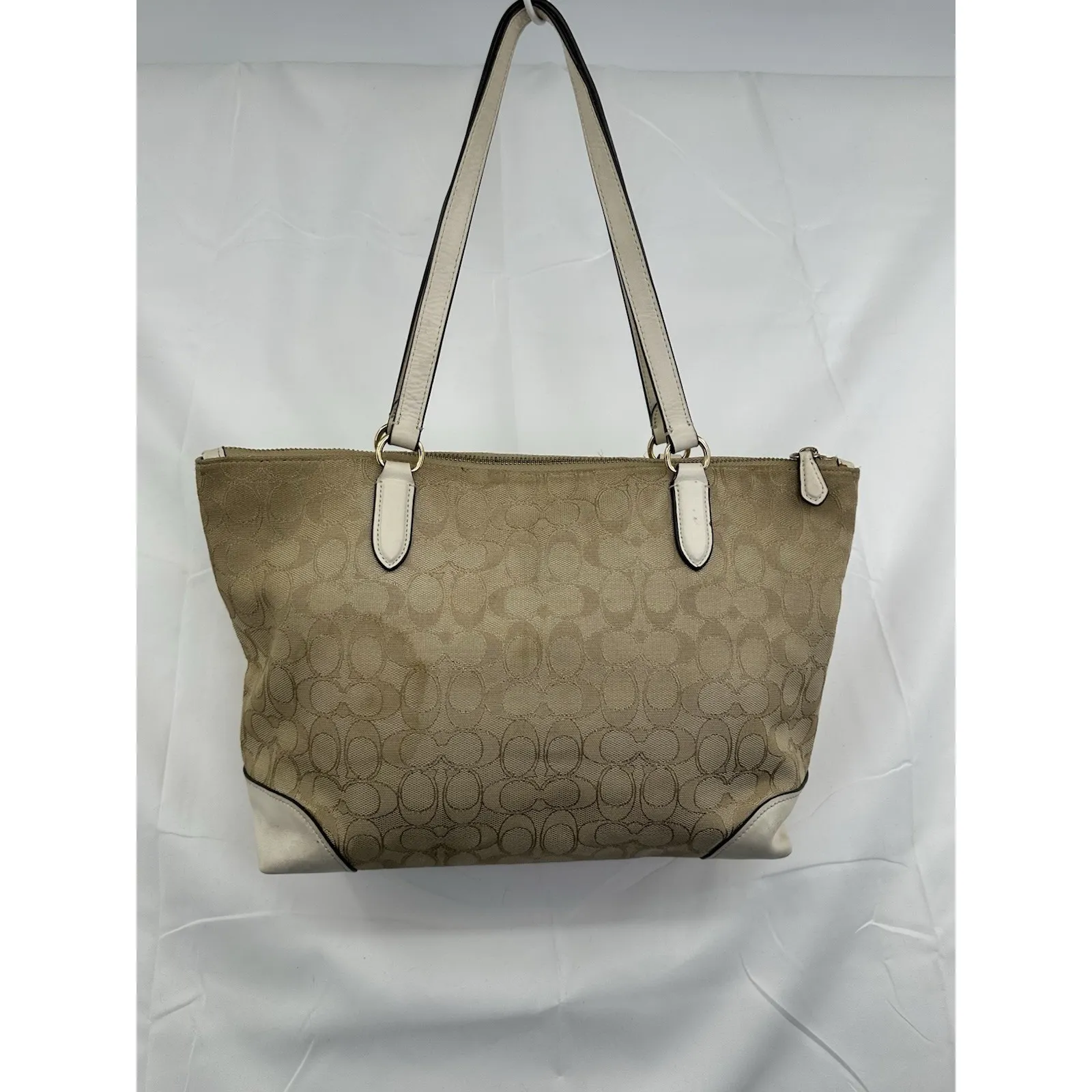 COACH Tote Purse F29958 Signature Canvas Leather Beige White Zipper  Shoulder - Image 8