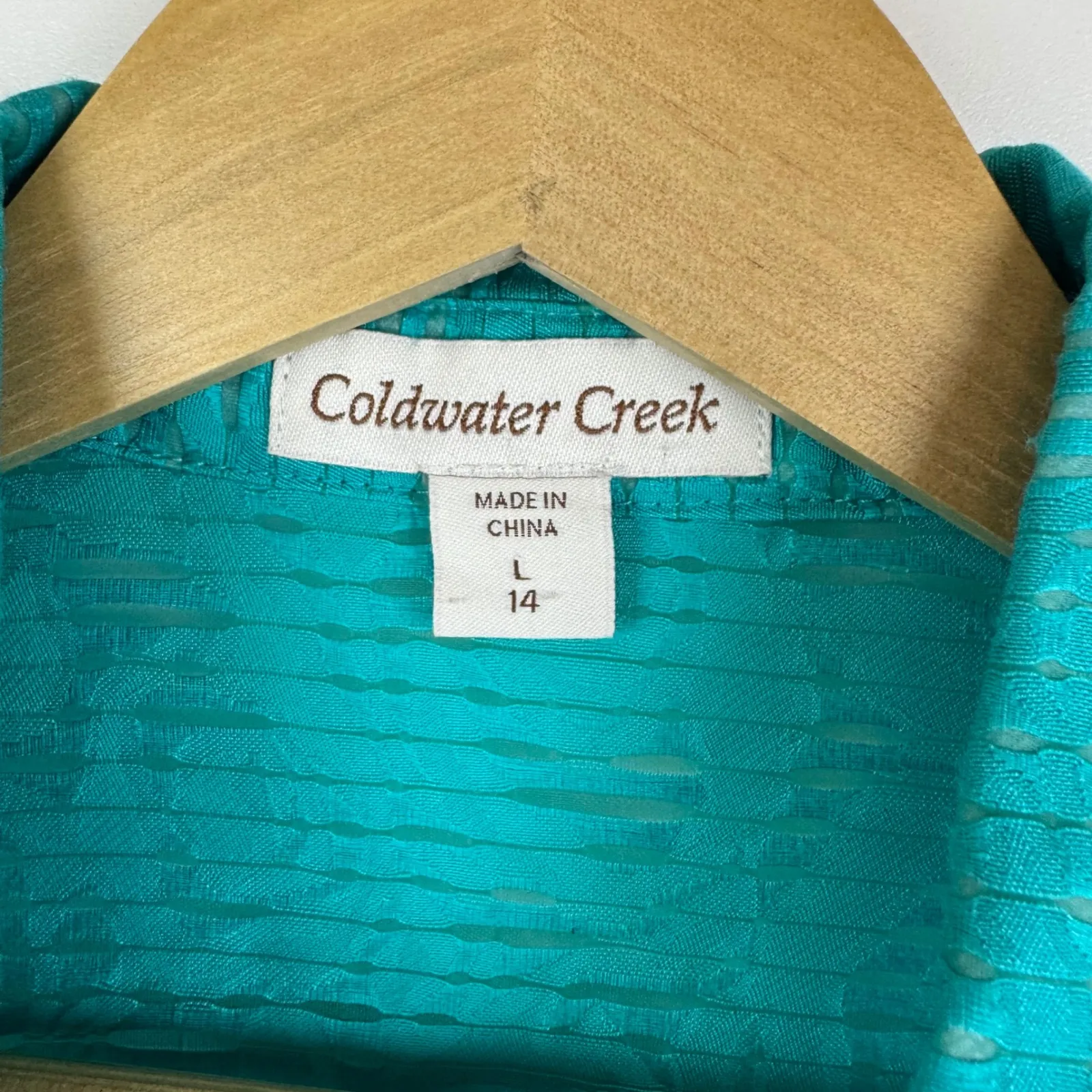 Coldwater Creek Sheer Textured Button Up Shirt Large Teal Long Sleeve Office - Image 6