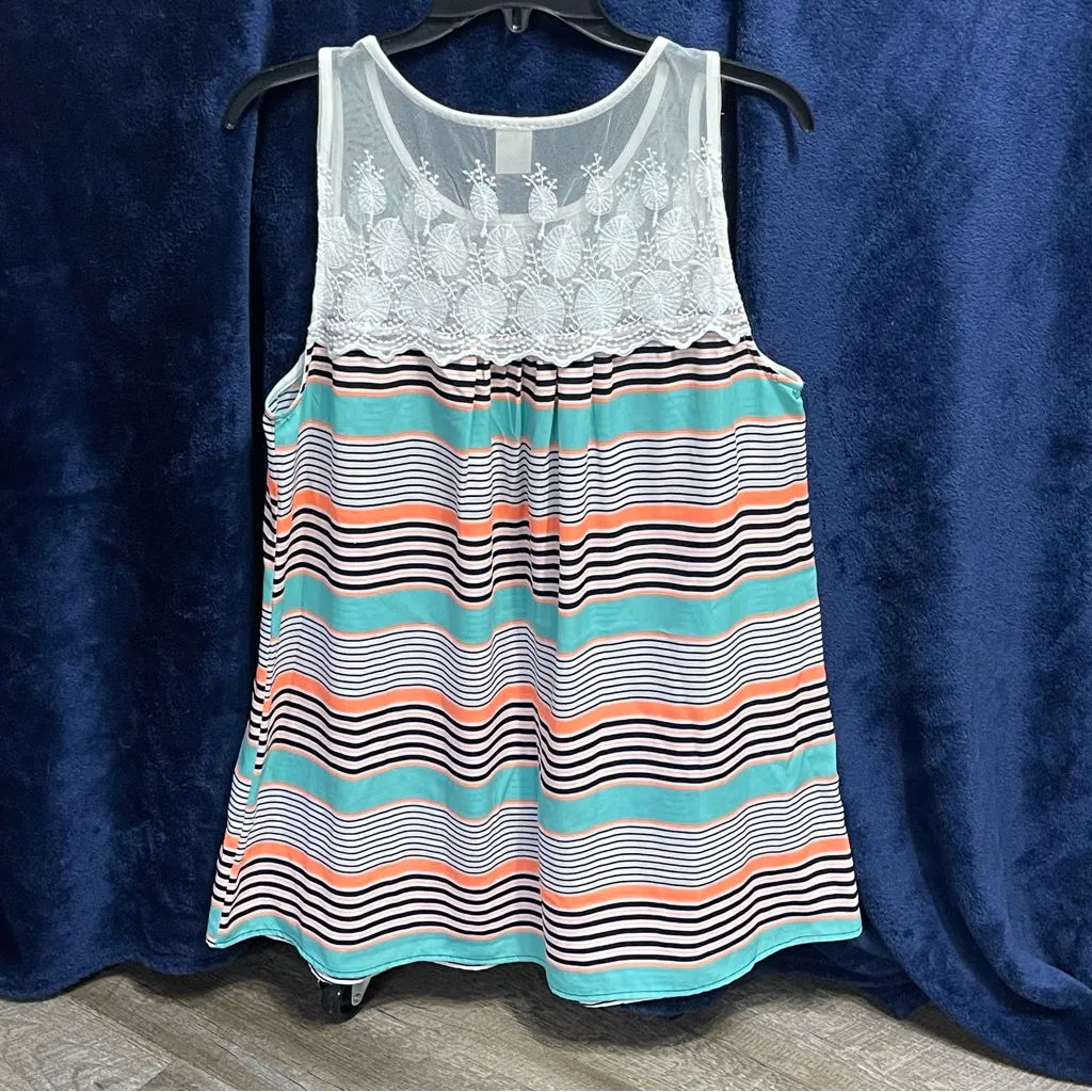 Sun n Moon Multicolor Striped Lace Tank Top Babydoll Sleeveless Women’s L Large White - Image 5