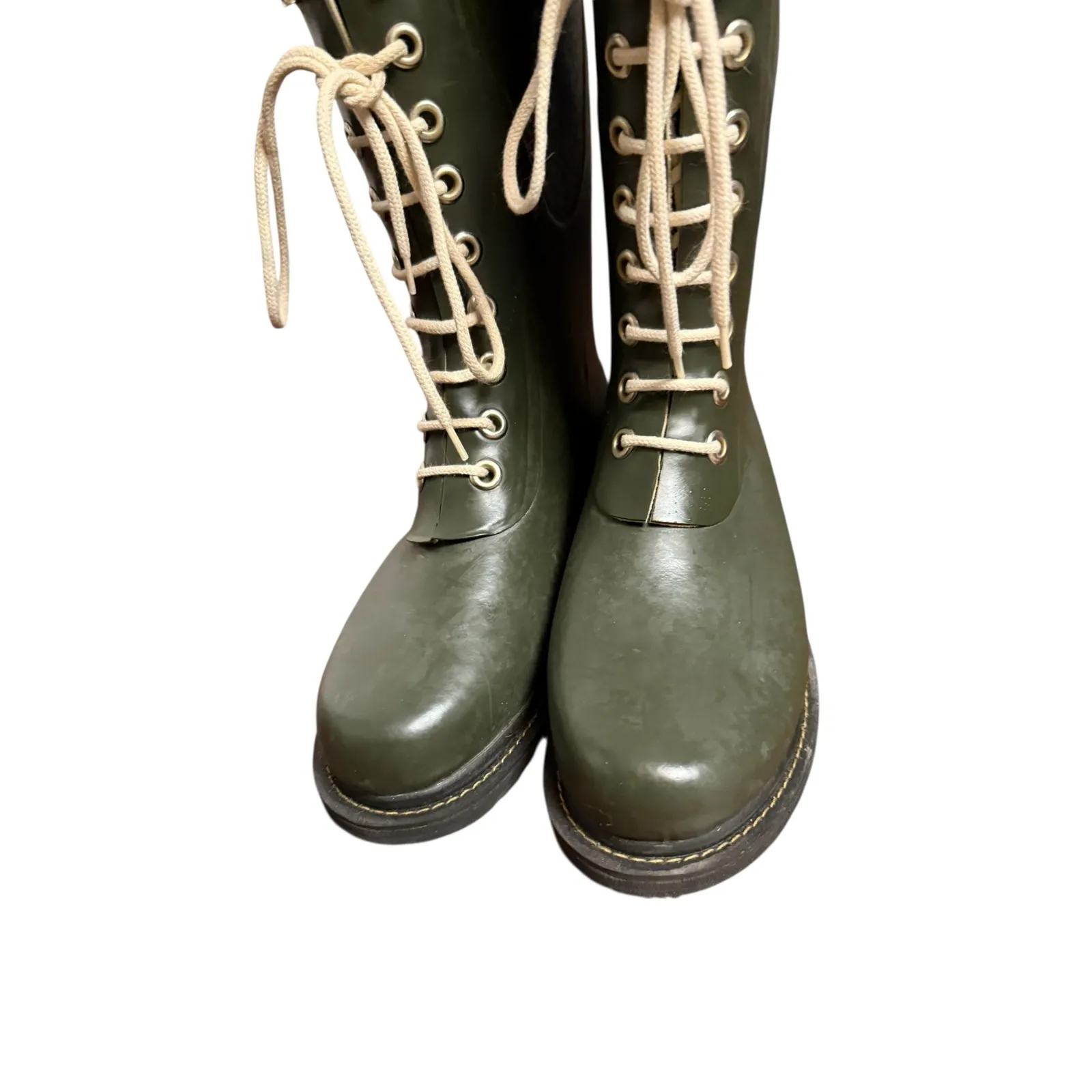 Ilse Jacobsen Knee High Army Green Lace Up Waterproof Rubber Rain Boots Size 8.5 - Image 4