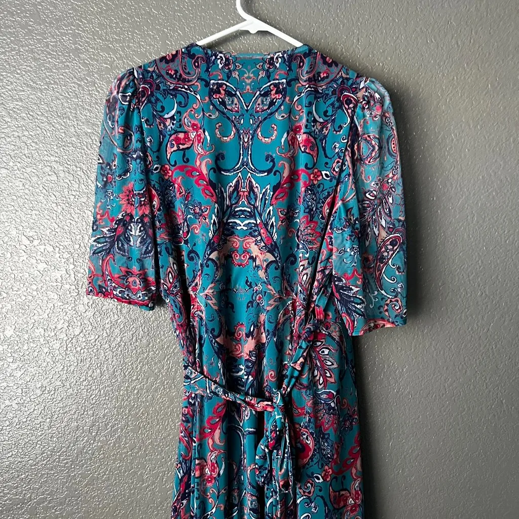 Reba Teal & Pink Paisley Wrap Dress – Size L – V - Image 5