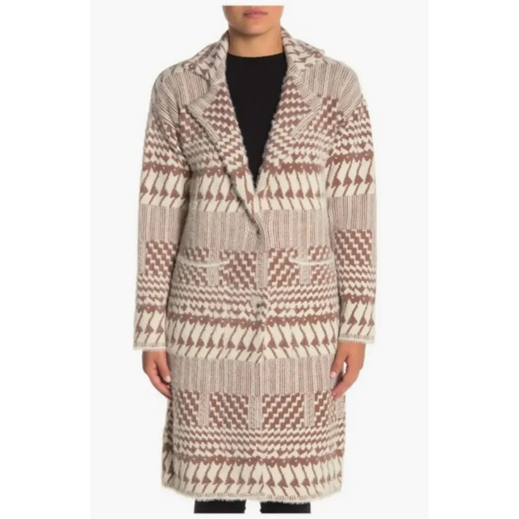 💕LOVE TOKEN💕 Zendaya Below Knee Length Sweater Coat Camel Print Large NWT - Image 9