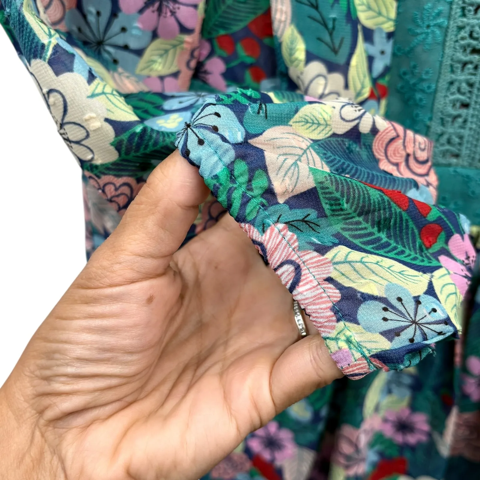 Matilda Jane Women's Floral Print Long Sleeve Blouse‎ Lace Trim Peasant V Neck L - Image 6