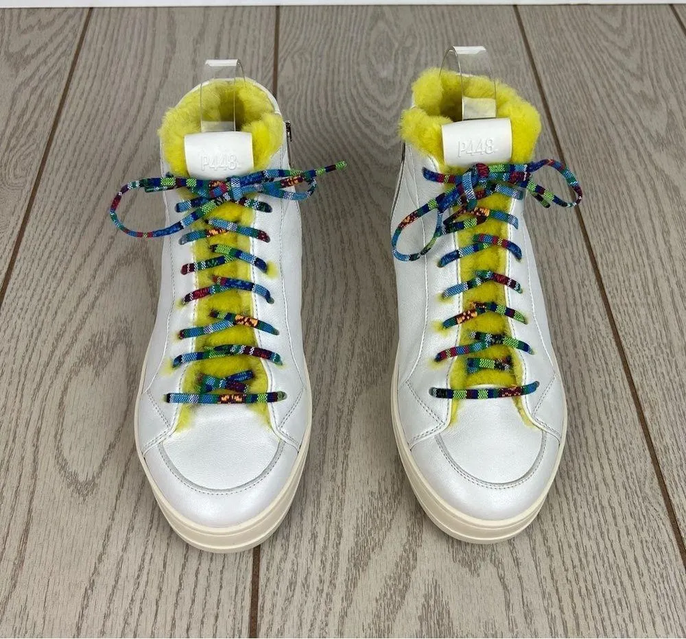 P448 Faux Fur Lined Fanti High Top Sneakers 38 Yellow/Grey Silver $348 - Image 2