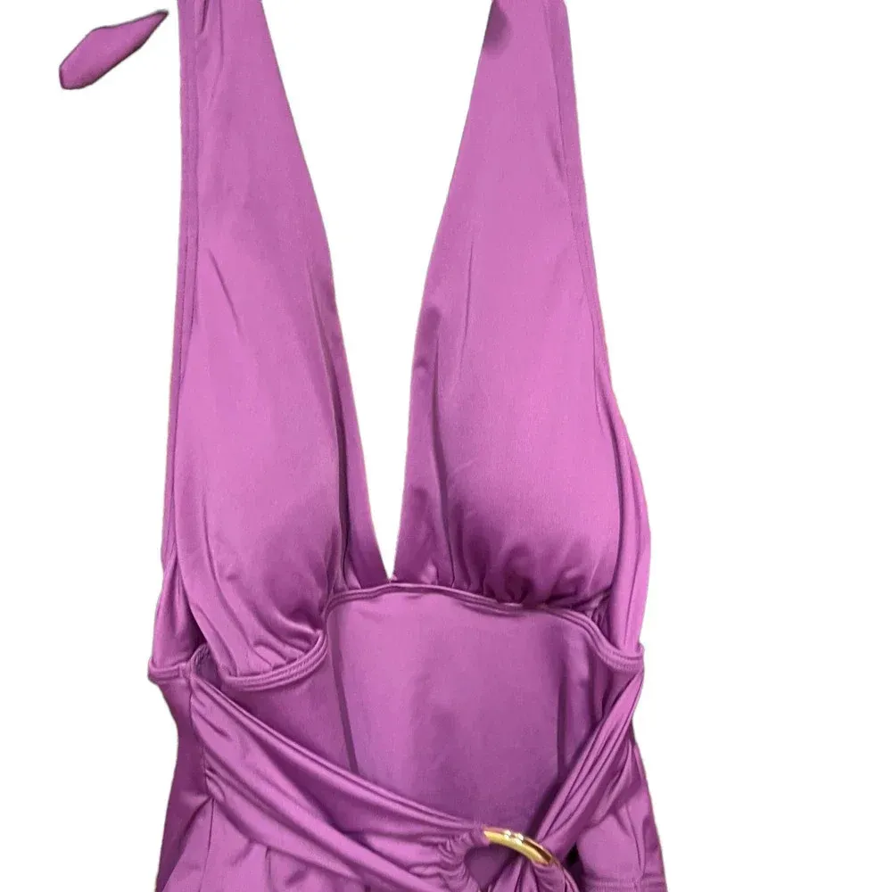 Kate Spade Belted‎ Plunging Halter One-Piece Swimsuit Cabarnet Purple Size Small - Image 4