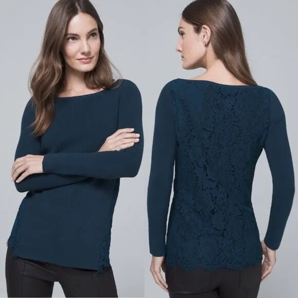 White House Black Market Blue Lace Back Knit Long Sleeve Boatneck Sweater Top S - Image 2