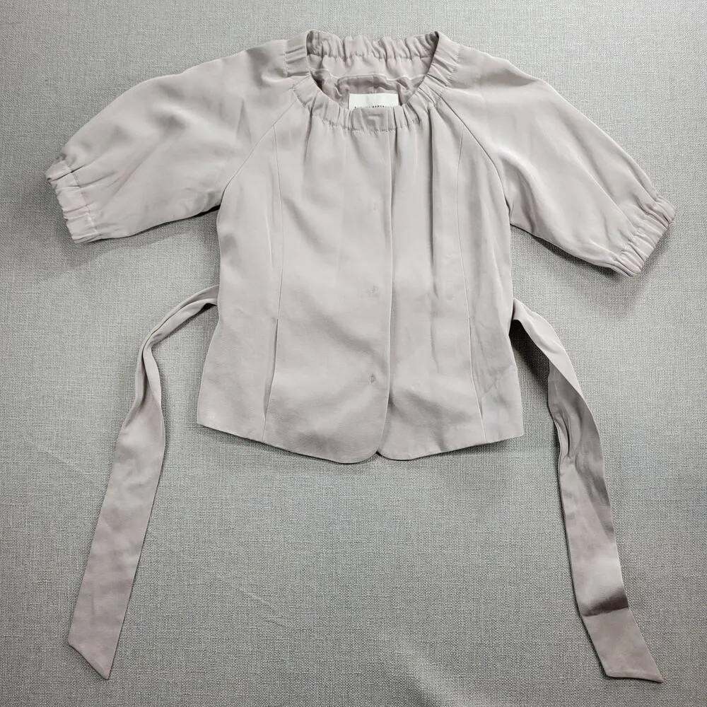 Banana Republic Womens Jacket Size 2 Beige Tan Puff Sleeve Belted Button Front - Image 9