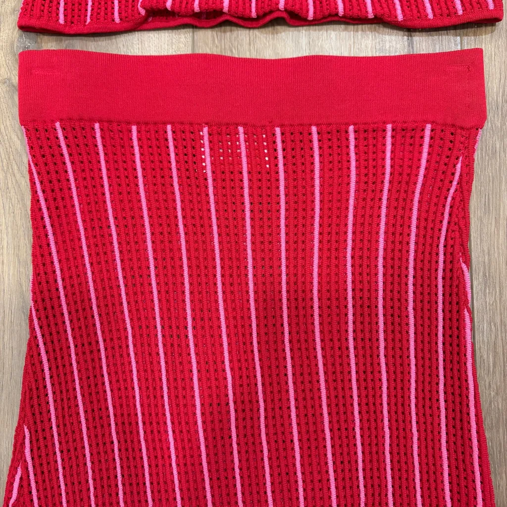 🌟SOLD & STRIPED🌟 STRIPED RIBBED POINTELLE KNIT TOP & SKIRT SET RED / PINK SZ S - Image 5