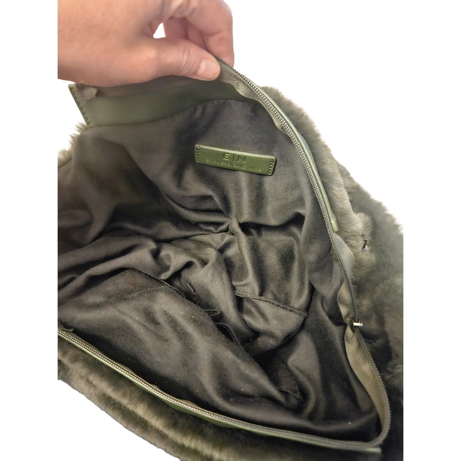 Expressions NYC Faux Fur Shoulder Bag Chain Strap Top Handle Olive Green - Image 5
