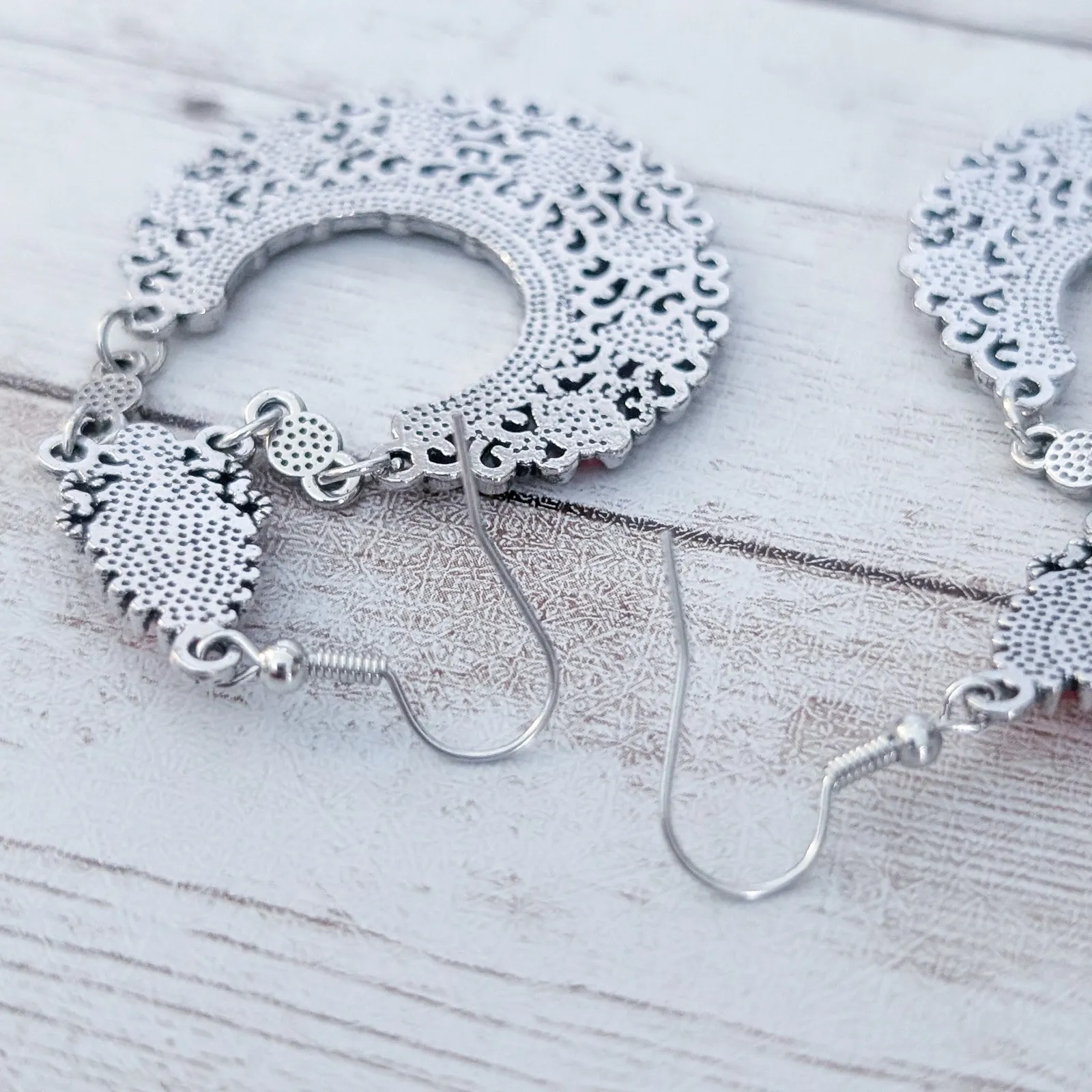 Vintage Earrings Extra Large Red & Silver Tone Dangle - Image 3