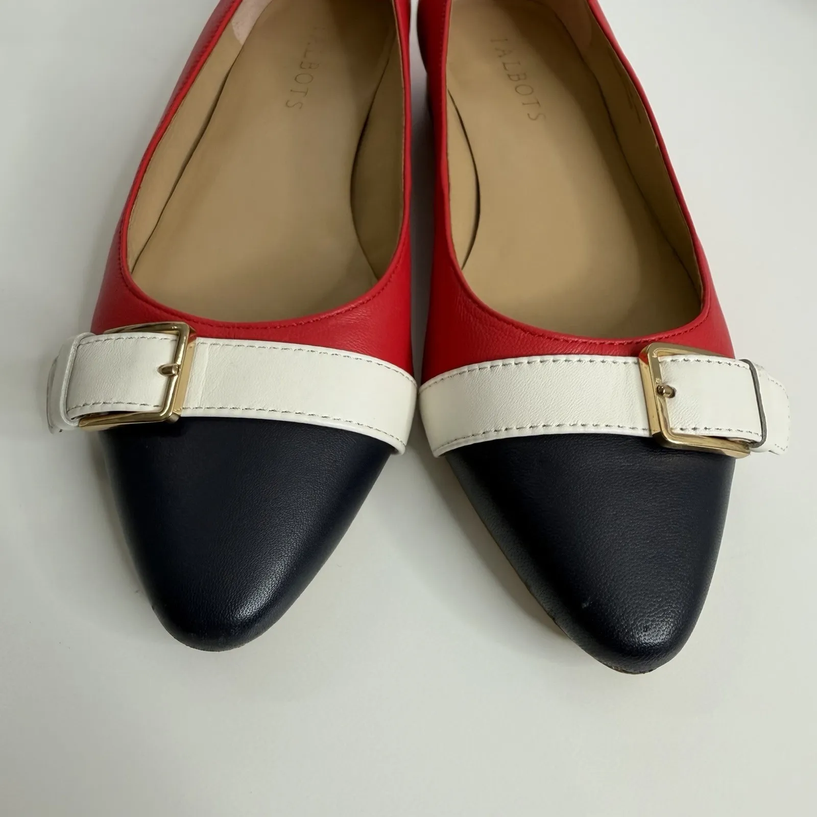 Talbots Edison Buckle Flats Red Navy White Leather Pointed Toe Size 6M - Image 3
