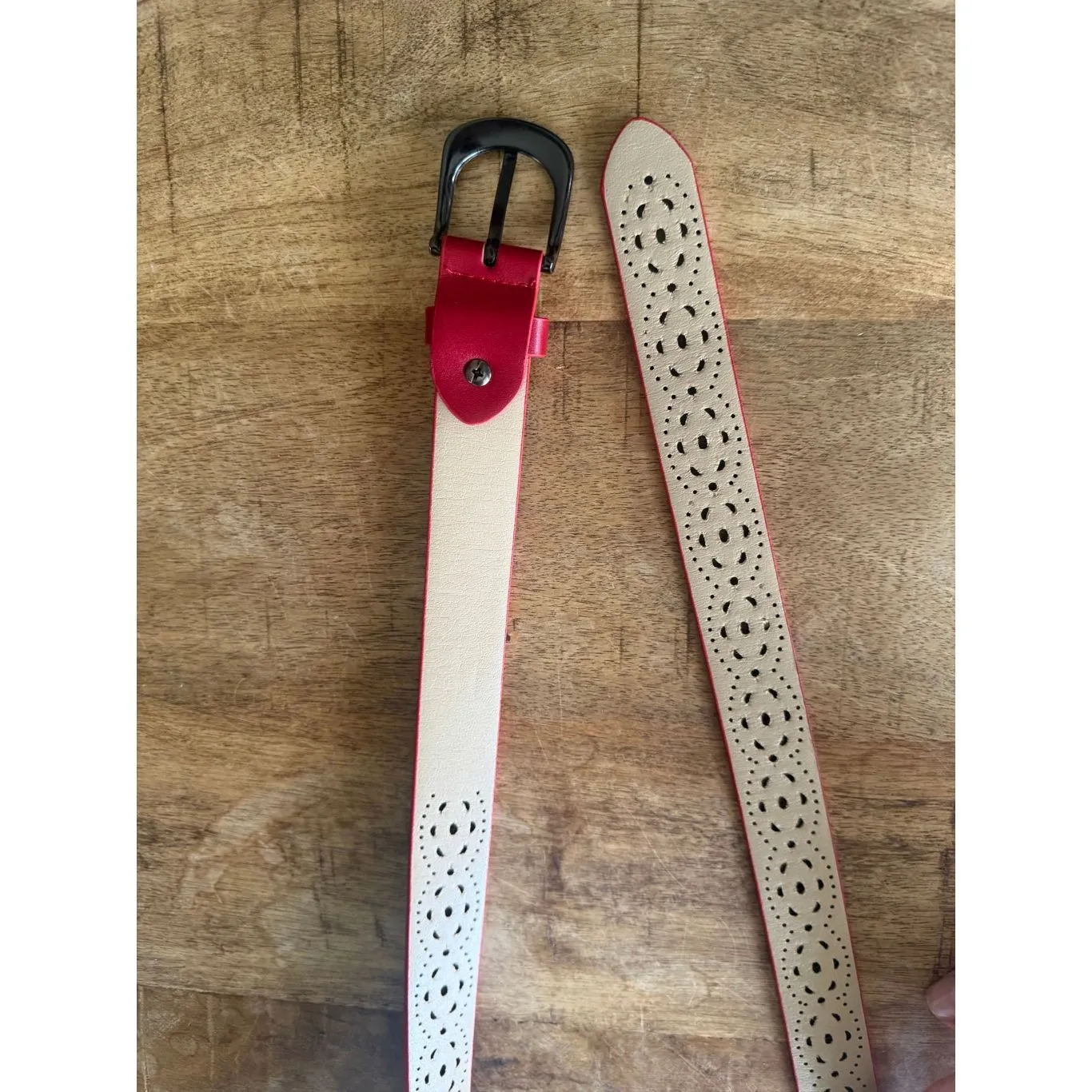 Red Perforated Women’s Belt L Wide Cutout Leather Look Gunmetal Buckle - Image 3