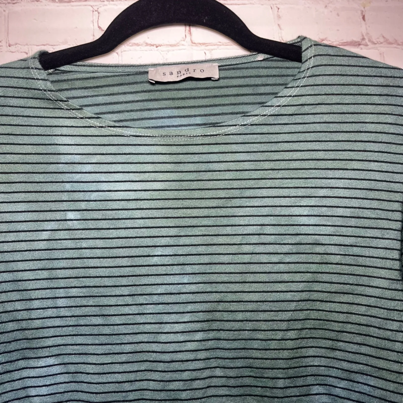 Sandro Paris Women Long Sleeve Striped Crew Neck Top Green Black Quiet Luxury LG - Image 2