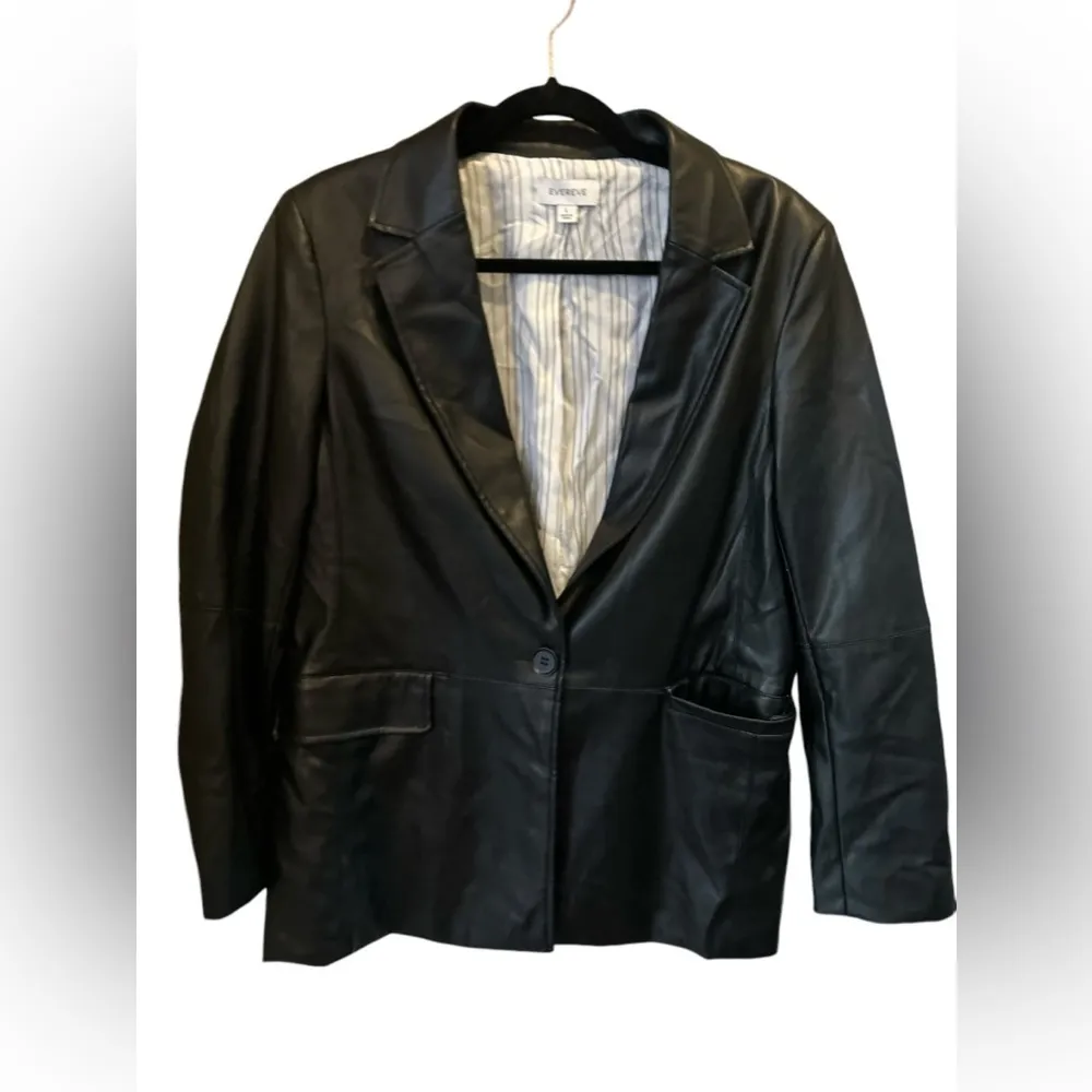Evereve Women's Black Leather Jacket Size L Mid-Length Button-Up‎ - Image 12