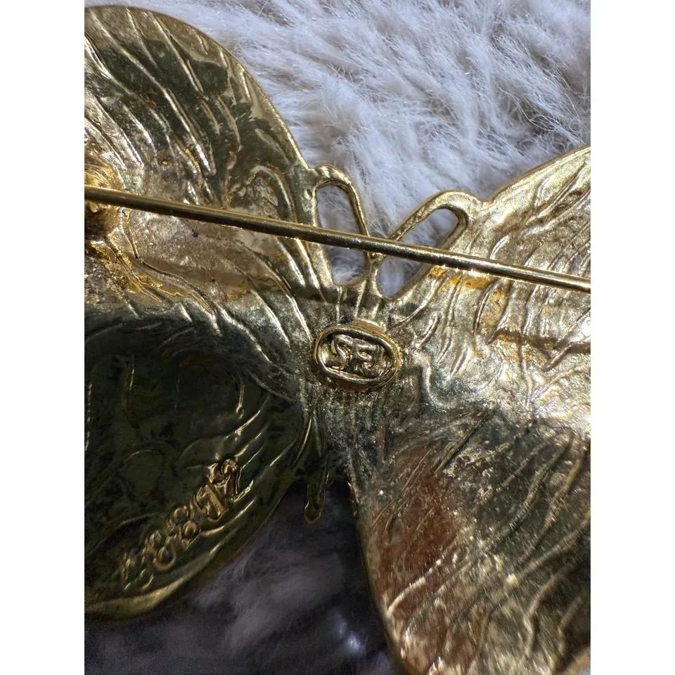 Vintage SFJ Signed Gold Tone Enamel Butterfly Brooch Pin Green Blue Wings - Image 6