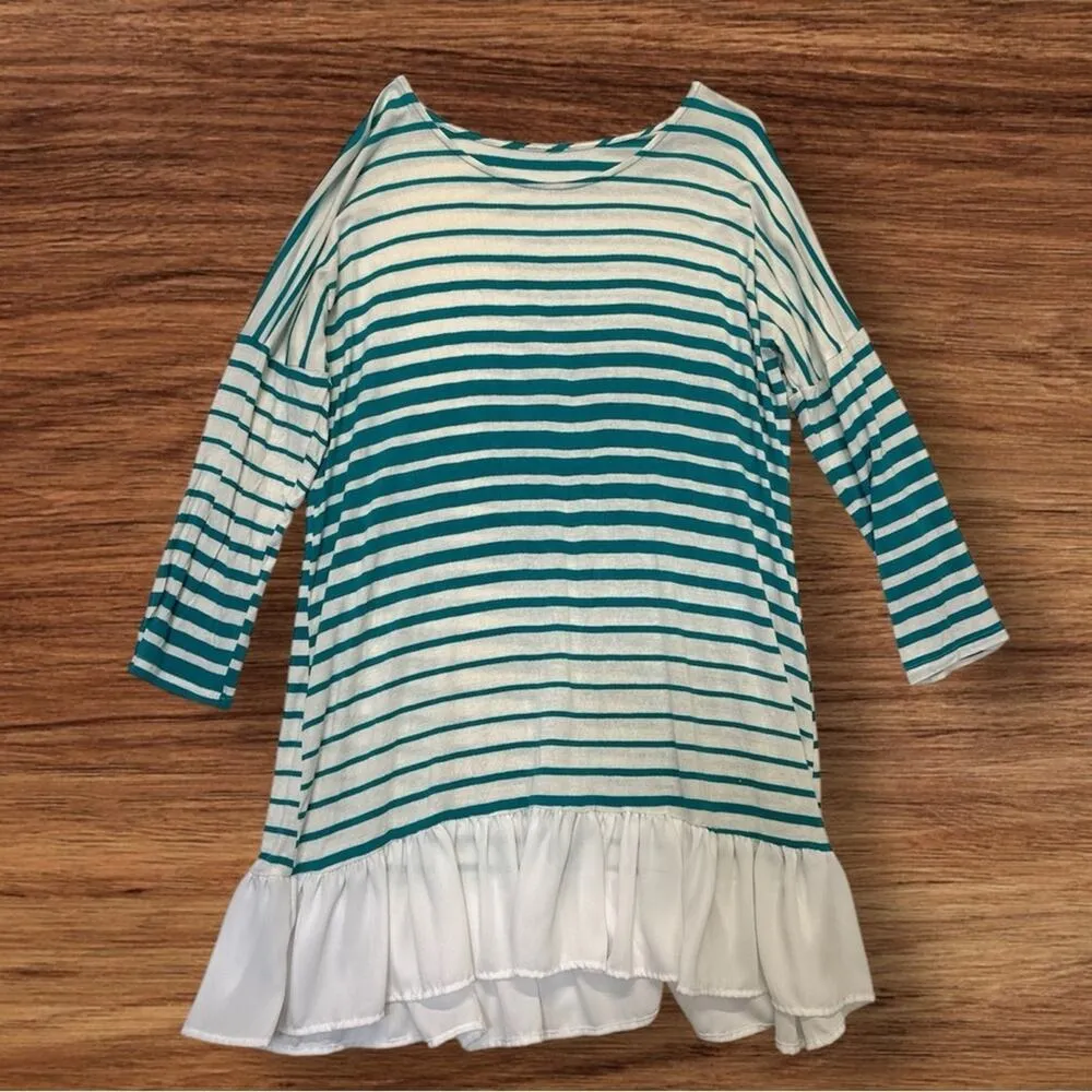 Striped Tunic Ruffle Hem Top green white stripes teal blue Women’s Size Large - Image 5