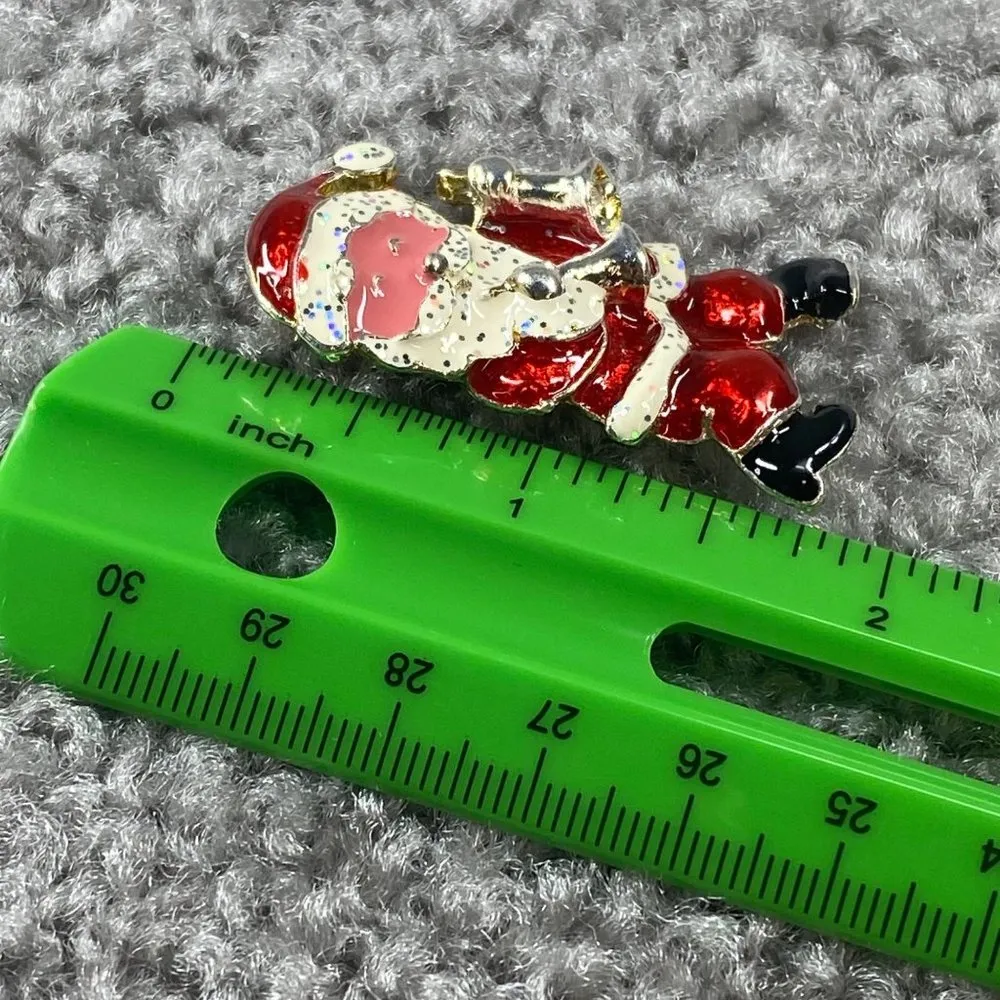 Christmas Santa Jewelry Pin Brooch Playing Horns Metal Glitter Enamel Paint - Image 3