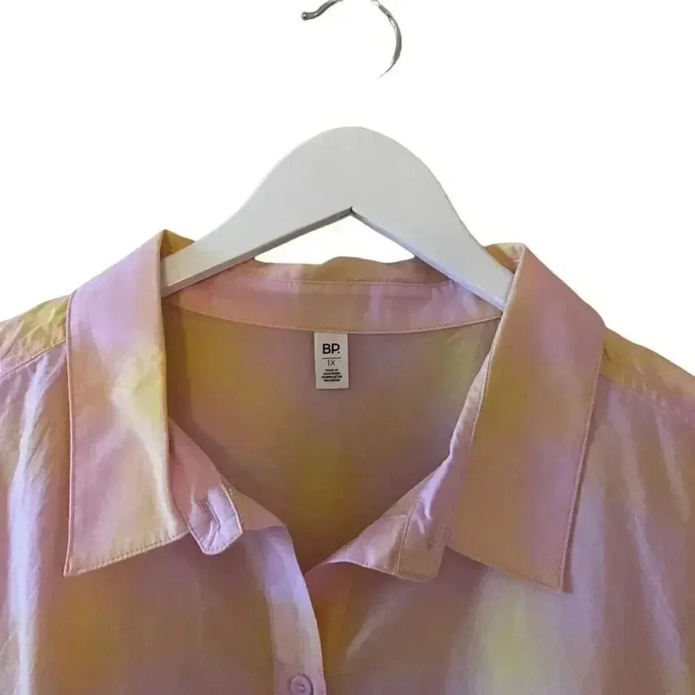 BP Window Pane Crop Boxy Pink Yellow Button-Up Shirt SZ 1X - Image 4