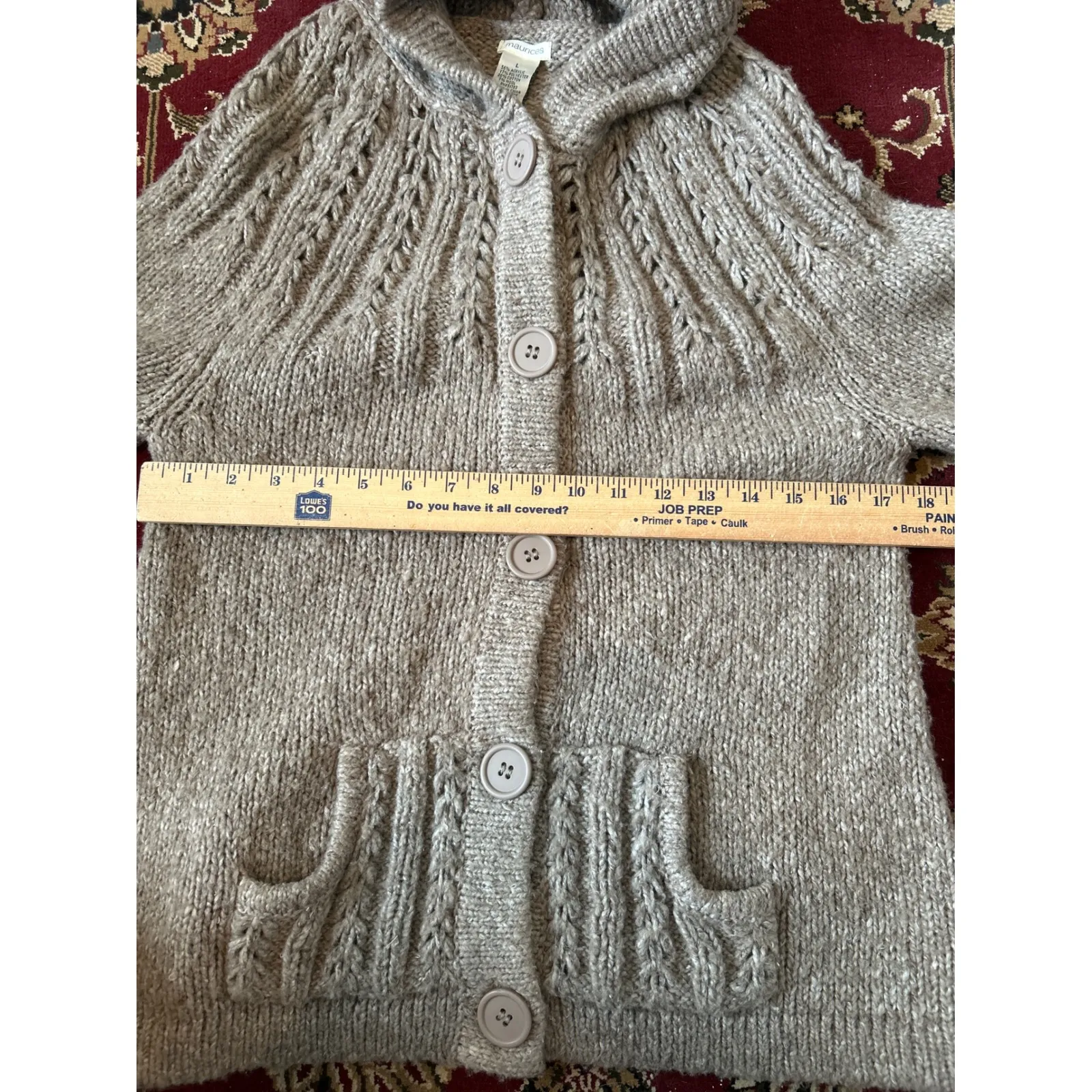 Maurices‎ Women's Knit Hooded Button Front Cardigan Sweater Beige Large - Image 4