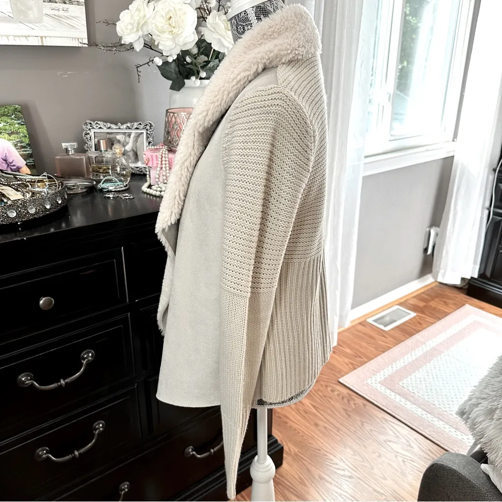 Chelsea & Theodore Oyster Faux Suede Sherpa Open Front Cardigan Sweater M Tan Size M - Image 6