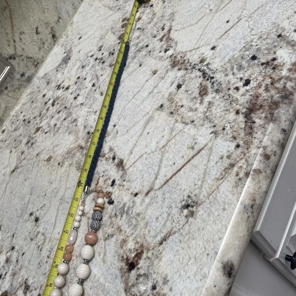 Signed LOFT Beaded Necklace Blue Cloth Rope With Neutral Beads - Image 10