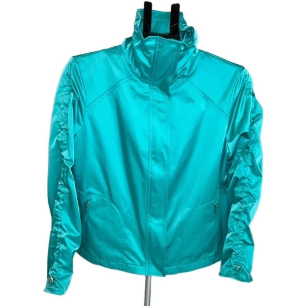 Chico’s Peacock Blue Full Zip Jacket Shirred Sleeves w/Toggle Adjust Size 2 (12) - Image 2