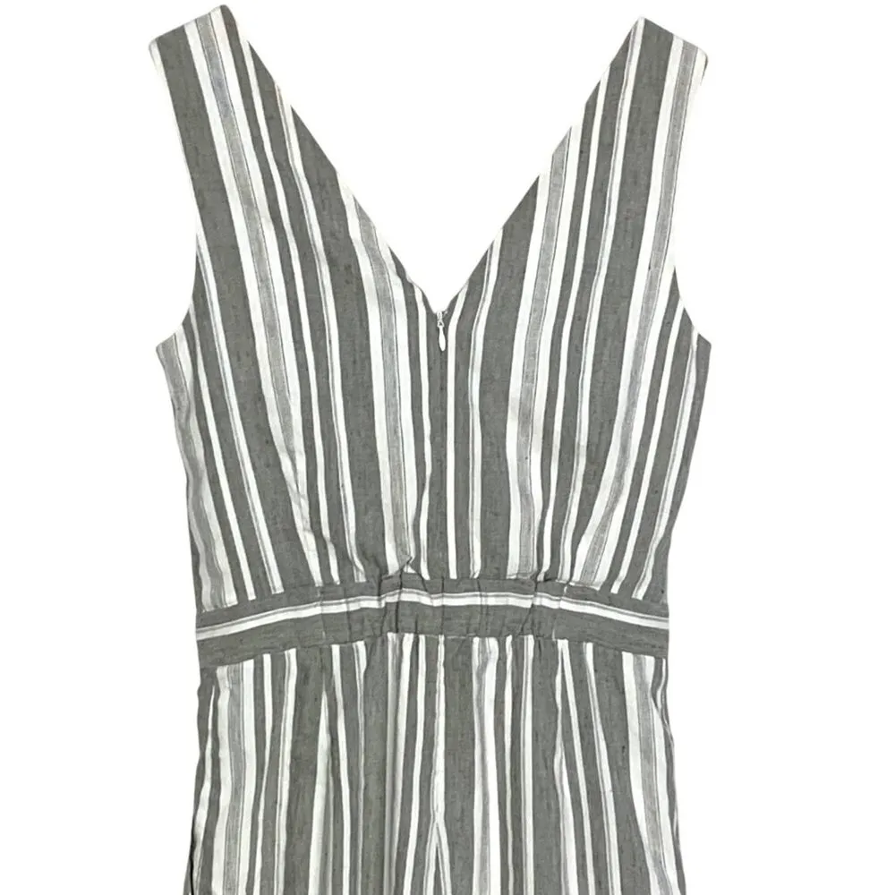 Gray White Striped Wide Leg Linen Blend Jumpsuit 2 V-Neck Nautical Coastal Prep - Image 7