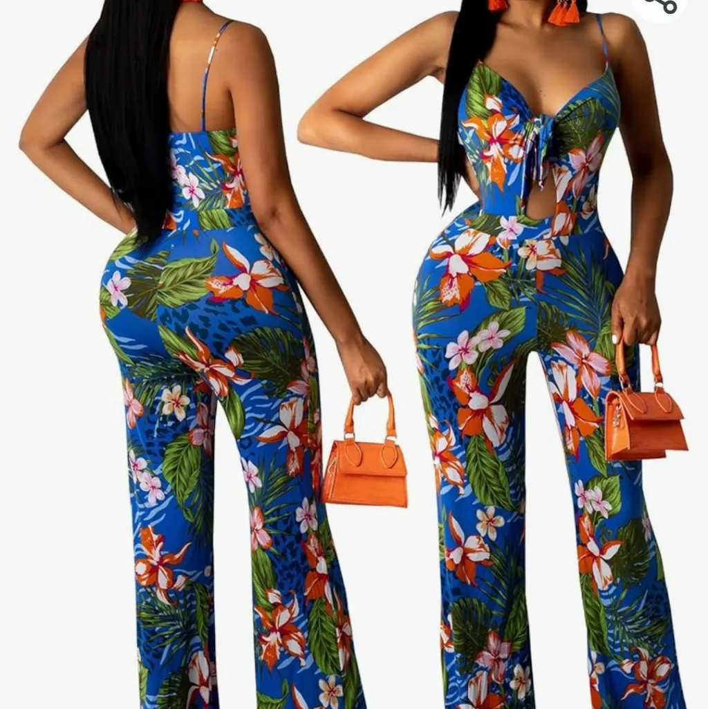 Wide Leg Casual long Jumpsuits Spaghetti Straps one piece Floral NEW siz… Green - Image 4