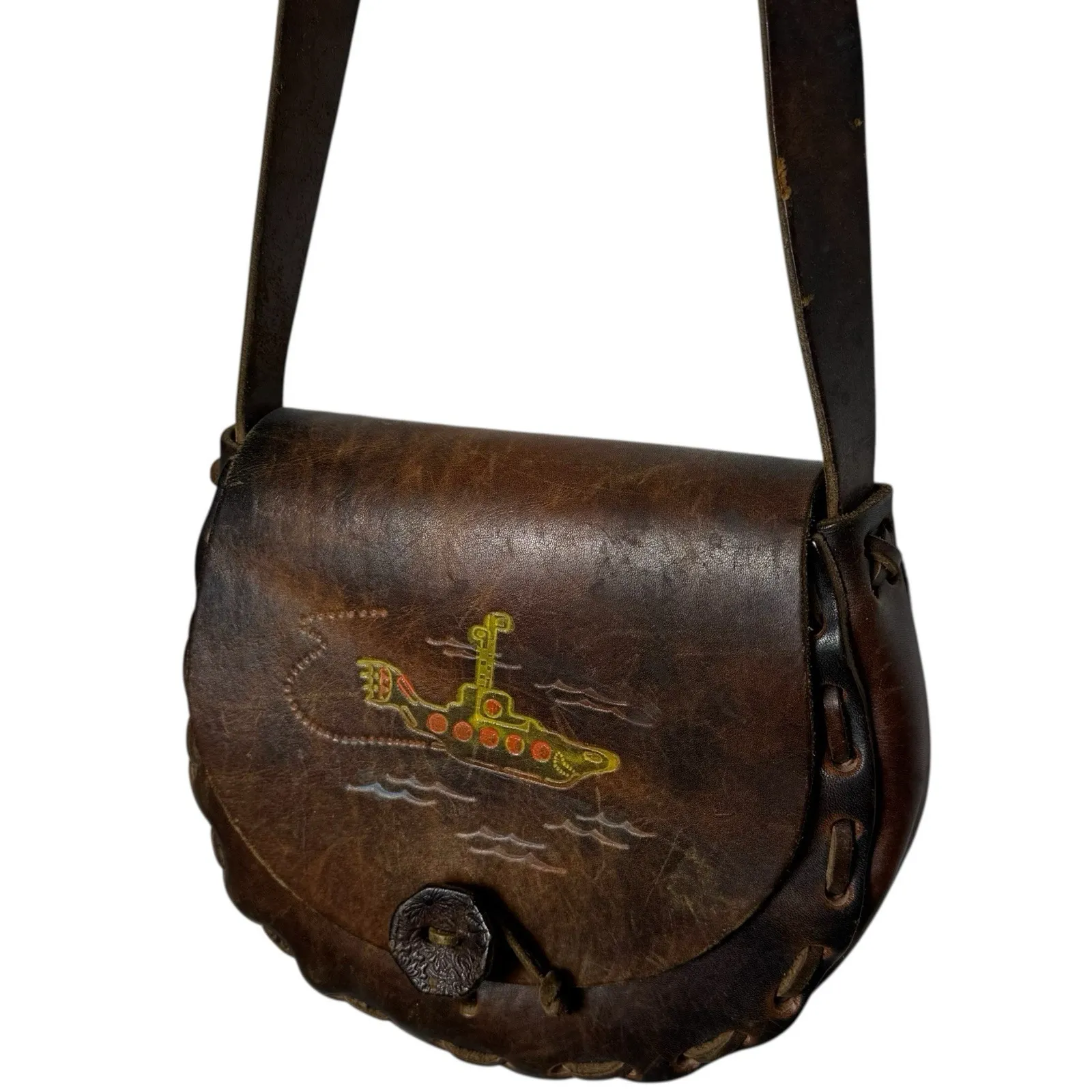 Vintage 100% Leather Saddle Bag Purse Brown Distressed Boho Chic Submarine - Image 3