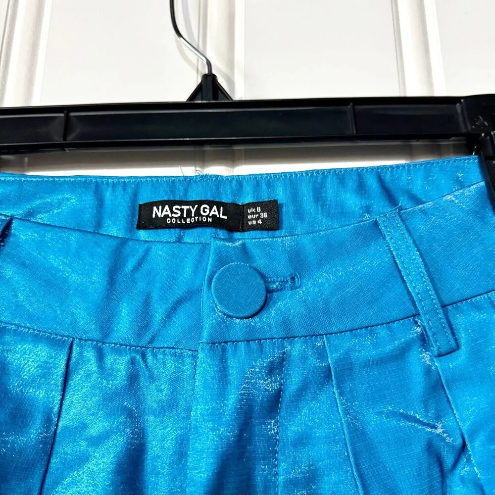 NASTY GAL Pants Women Size 4 Blue Metallic Wide Flared Leg High Waisted Retro - Image 4