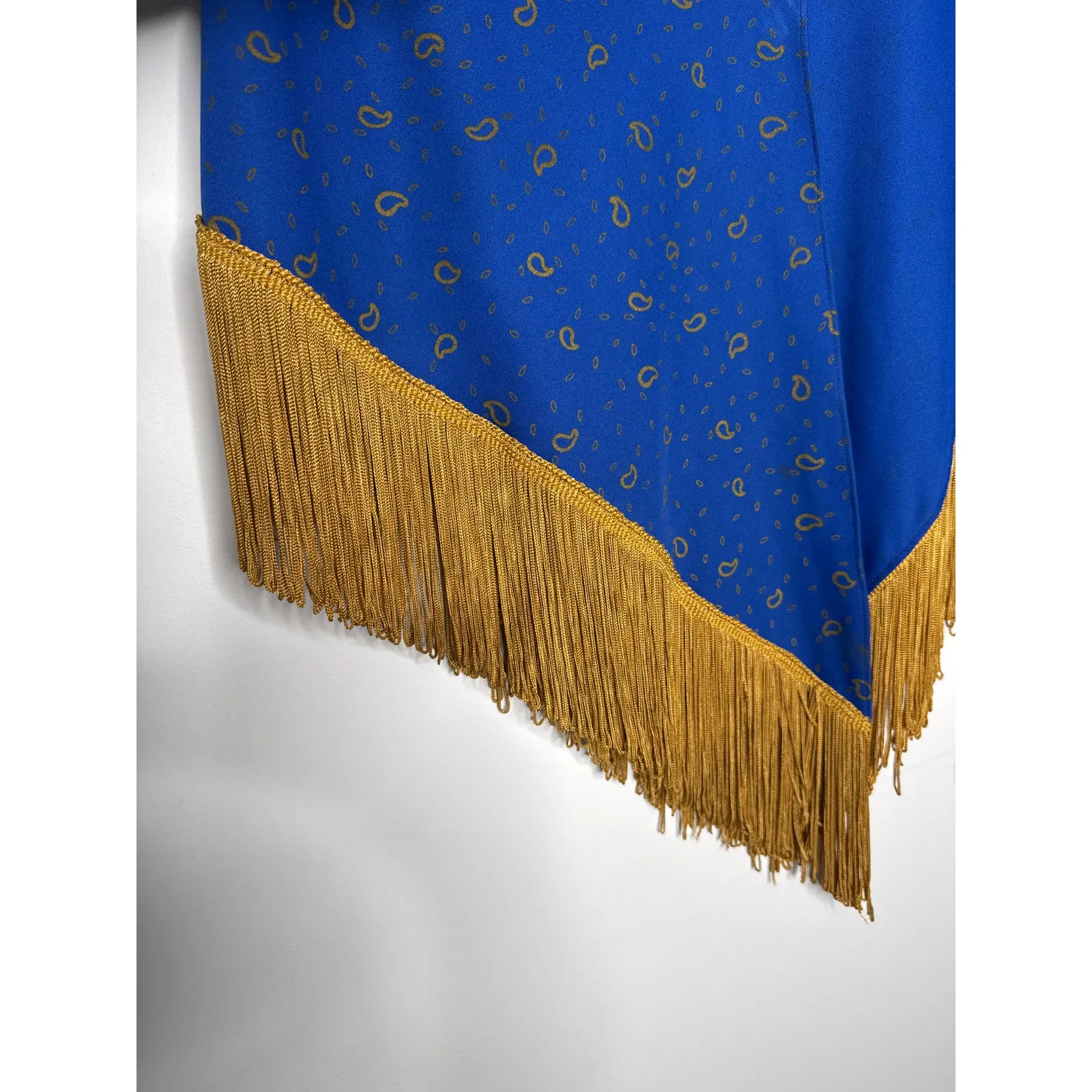 1970s Alfred Shaheen Blue Paisley Jumpsuit Set w Fringe Shawl medium - Image 13