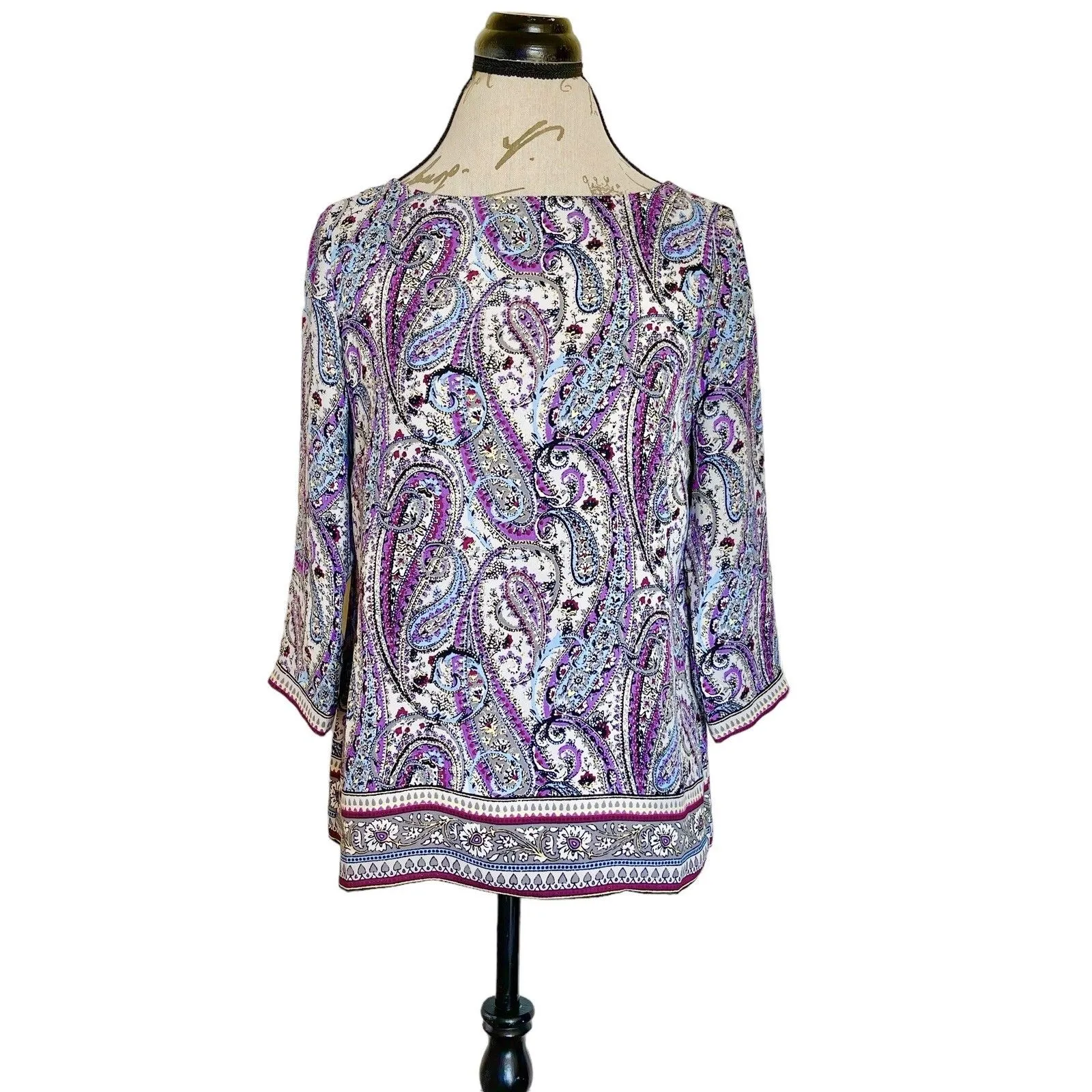 J. Jill Womens Blouse Sz XS Paisley Retro Hipster 60’s 70’s Inspired Festival Purple - Image 5