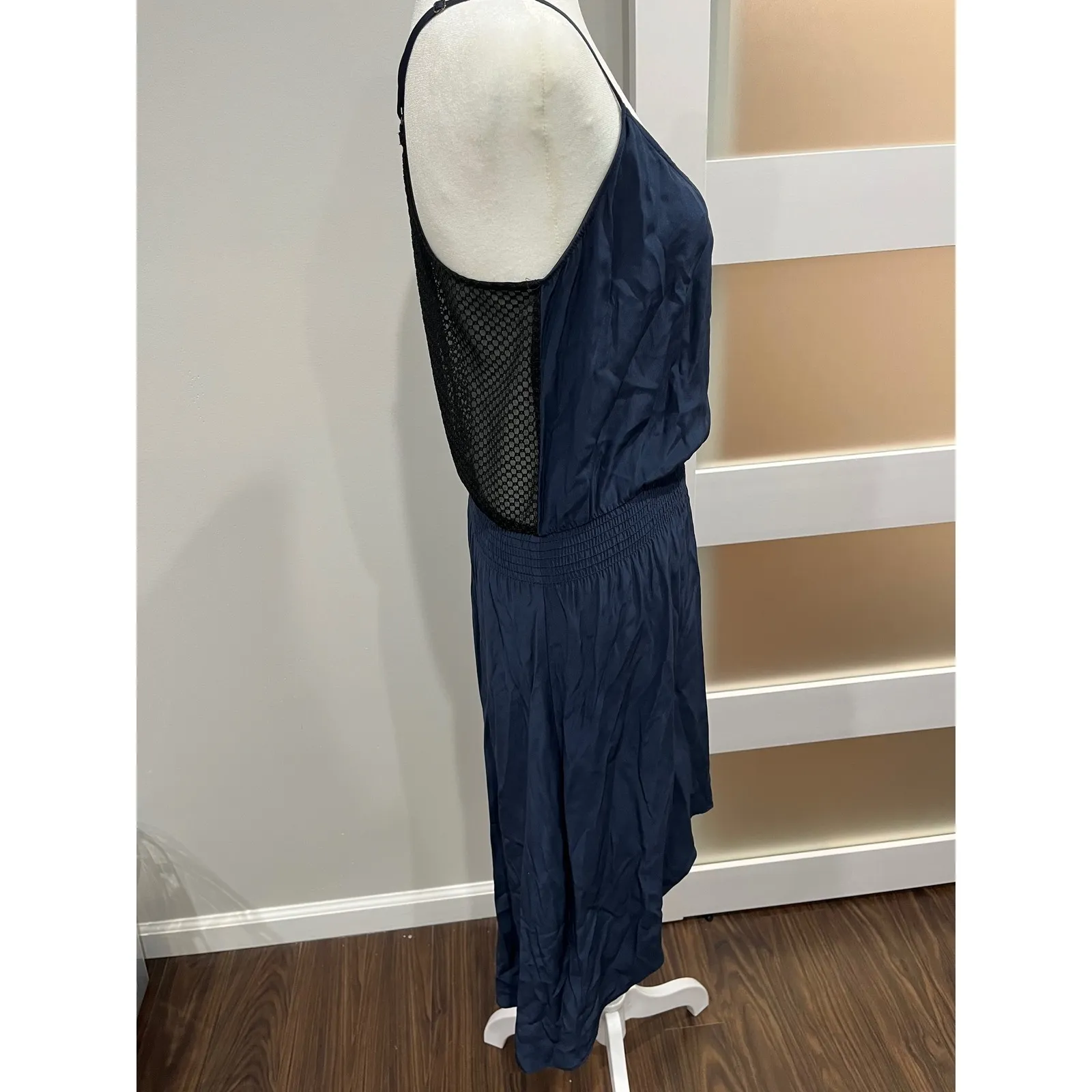 Parker Navy Blue Silk Blend Mesh Back Smocked Waist hi low Midi Dress Size S - Image 2