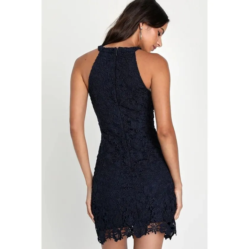 Lulus Love Poem Lace Halter Dress Womens Small‎ Navy Floral Sleeveless Cocktail - Image 7