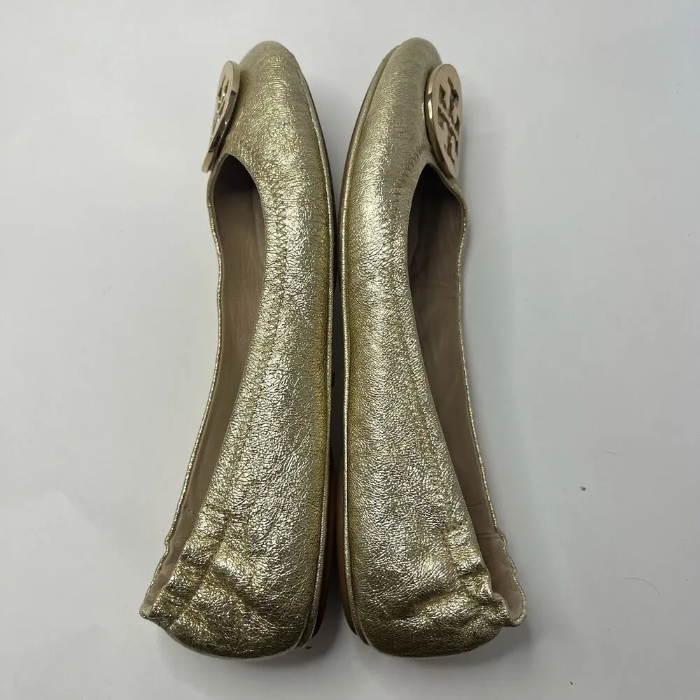 Tory Burch Shoe Spark Gold Smooth Metallic Logo Minnie Travel Ballet Flats 9.5 - Image 12