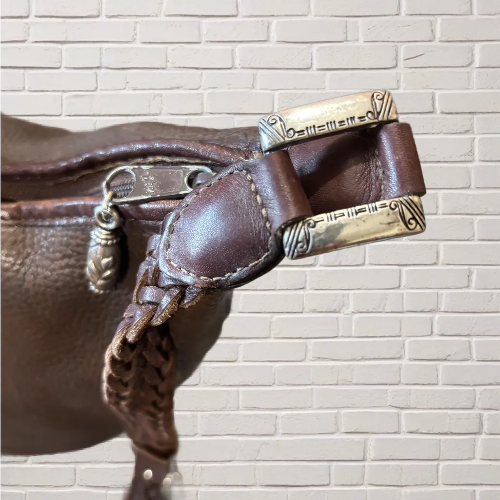 Brighton Brown Leather Braided Strap Hobo Bag Bali Collection Silver Heart - Image 6